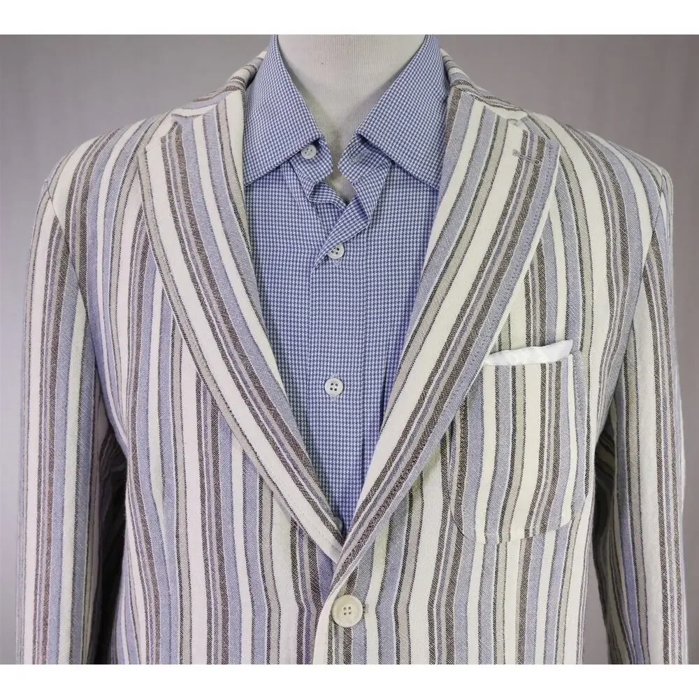 Barbati Blue Brown White Striped Patch Pocket Terry Cotton 2B Blazer Jacket 42R